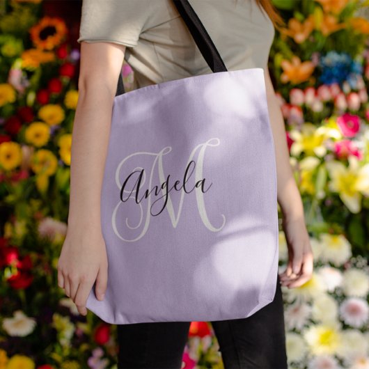 Elegant Script Monogram Bleek Lavender Tote Bag