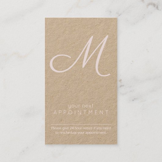 Elegant Script Monogram Blush Pink Kraft Verticaal Afsprakenkaartje (Achterkant)