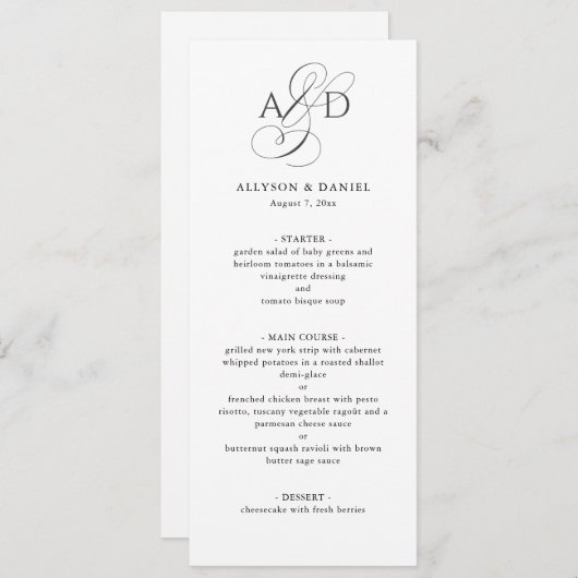 Elegant Script Monogram Classic Wedding Menu Kaart (Voorkant / Achterkant)