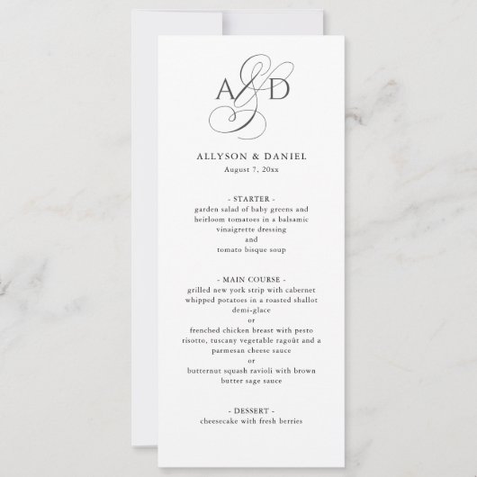 Elegant Script Monogram Classic Wedding Menu Kaart (Voorkant)