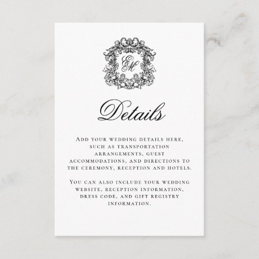 Elegant Script Monogram Crest Bruiloft Details Informatiekaartje (Voorkant)