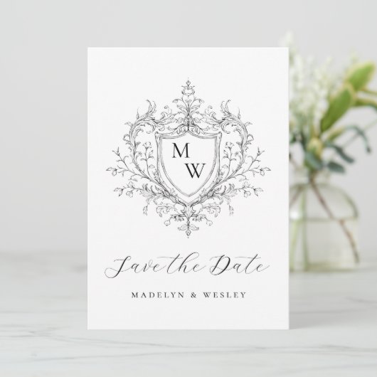 Elegant script monogram crest  save the date (Staand voorkant)