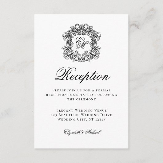Elegant Script Monogram Crest Trouwreceptie Informatiekaartje (Voorkant)
