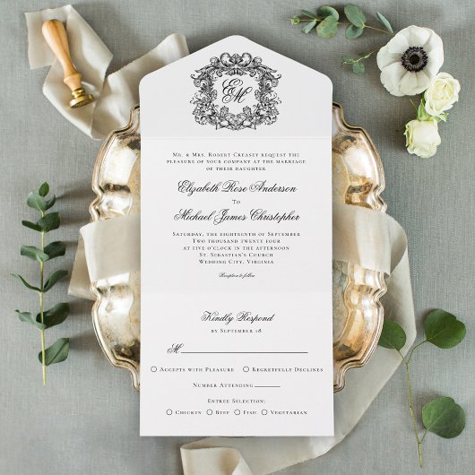 Elegant Script Monogram Crest Wedding All In One Uitnodiging