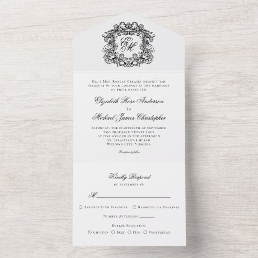 Elegant Script Monogram Crest Wedding All In One Uitnodiging (Binnen)