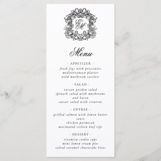 Elegant Script Monogram Crest Wedding Menu (Voorkant)