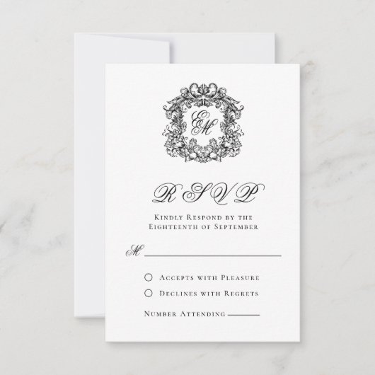 Elegant Script Monogram Crest Wedding RSVP Kaartje (Voorkant)