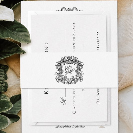 Elegant Script Monogram Crest Wedding Uitnodigingen Wikkel