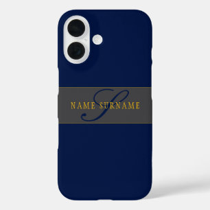 Elegant Script Monogram Donker Navy Blauw Grijs & iPhone 16 Hoesje