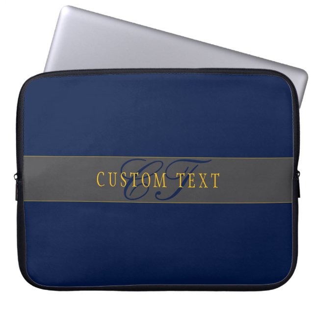 Elegant Script Monogram Donker Navy Blauw Grijs &  Laptop Sleeve (Voorkant)