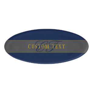Elegant Script Monogram Donker Navy Blauw Grijs & Naambadge