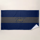 Elegant Script Monogram Donker Navy Blauw Grijs &  Strandlaken (Voorkant)