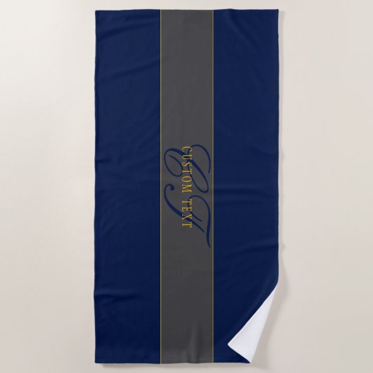 Elegant Script Monogram Donker Navy Blauw Grijs &  Strandlaken (Voorkant)