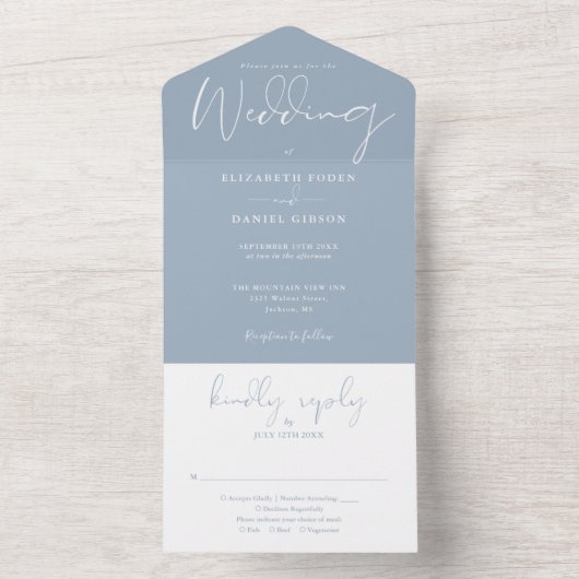 Elegant Script Monogram Dusty Blue Wedding All In One Uitnodiging (Binnen)