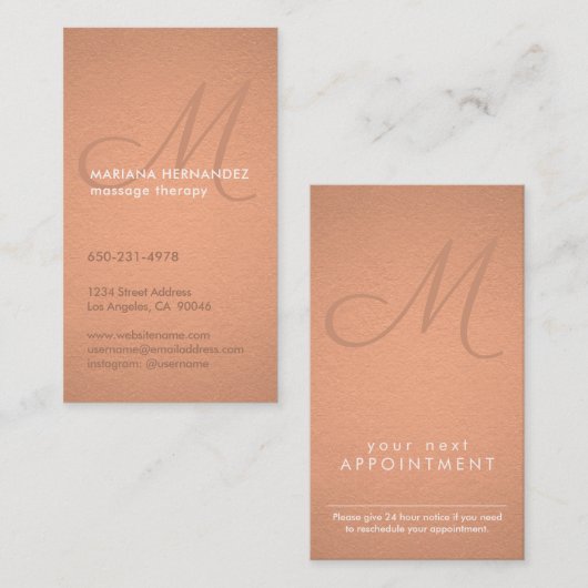 Elegant Script Monogram Faux Copper Folie Verticaa Afsprakenkaartje (Voorkant / Achterkant)