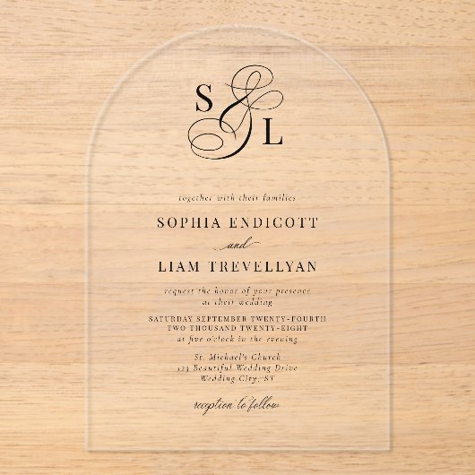 Elegant Script Monogram Formele Trouwboog Acryl Uitnodigingen (Voorkant)