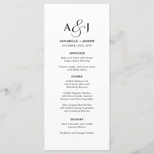 Elegant Script Monogram Formele Witte Bruiloft Menu (Voorkant)
