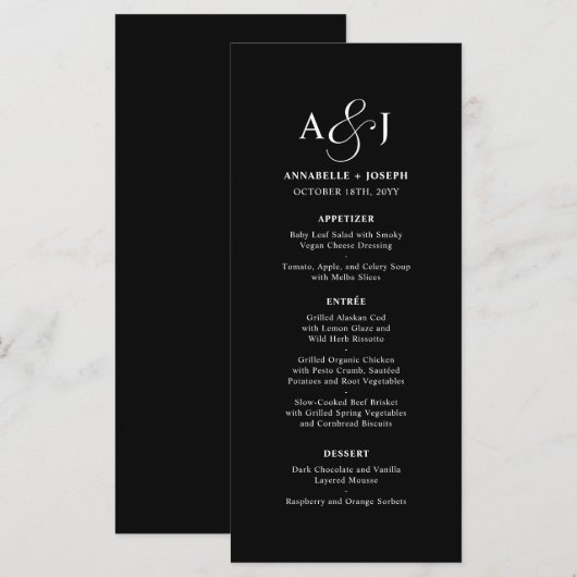Elegant Script Monogram Formele Zwarte Bruiloft Menu (Voorkant / Achterkant)