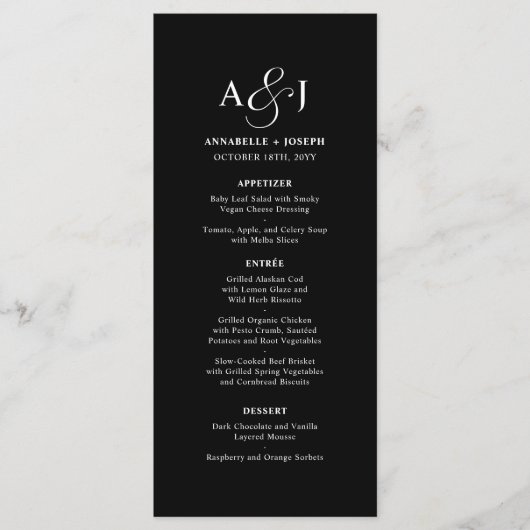 Elegant Script Monogram Formele Zwarte Bruiloft Menu (Voorkant)