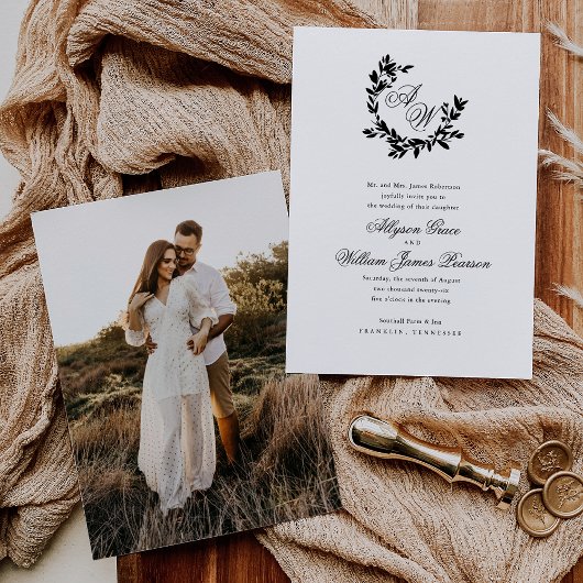 Elegant Script Monogram Foto Botanische Bruiloft Kaart