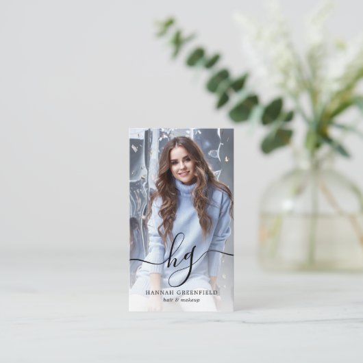 Elegant Script Monogram Foto Visitekaartje (Staand voorkant)
