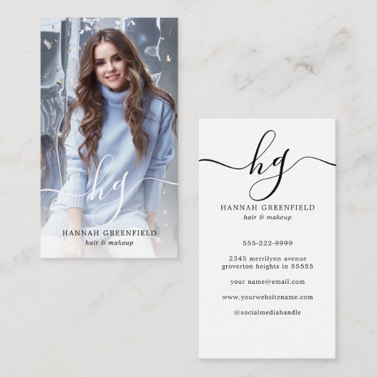 Elegant Script Monogram Foto Visitekaartje (Voorkant / Achterkant)