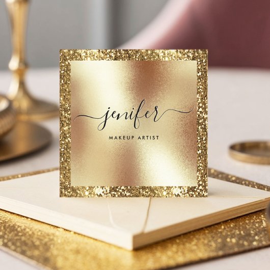 Elegant Script Monogram Gold Glitter Lijst, Modern Vierkante Visitekaartje