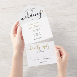 Elegant Script Monogram Gold Heart Weddenschap All In One Uitnodiging