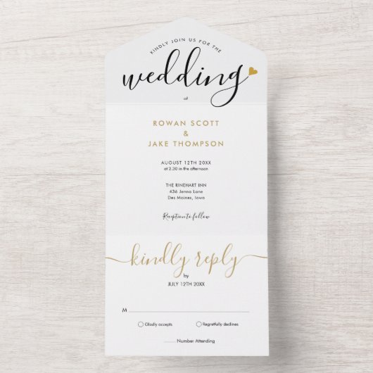 Elegant Script Monogram Gold Heart Weddenschap All In One Uitnodiging (Binnen)