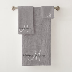 Elegant Script Monogram Grijs Linnen Effect Handdo Bad Handdoek