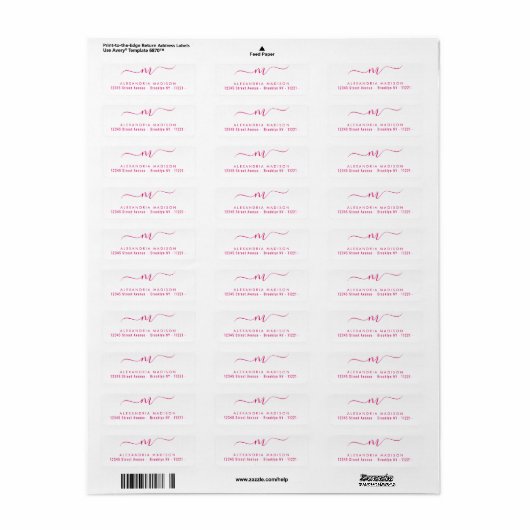 Elegant Script Monogram Hot Pink Modern Typografie Etiket (Full Sheet)