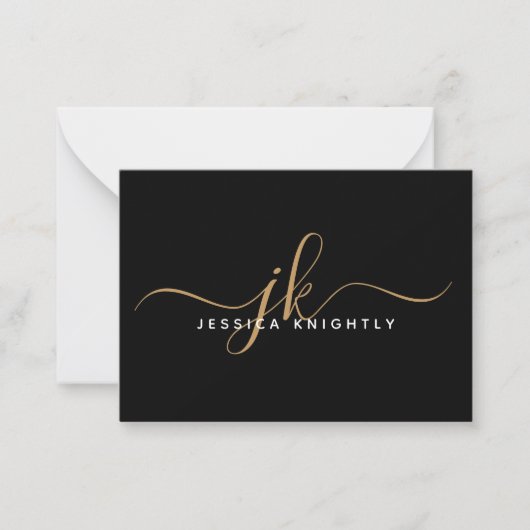 Elegant Script Monogram Initiaal Naam Black Gold Notitiekaartje (Voorkant)