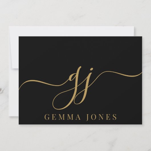 Elegant Script Monogram Initiaal Naam Black Gold Notitiekaartje (Voorkant)