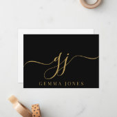 Elegant Script Monogram Initiaal Naam Black Gold Notitiekaartje (Voorkant / Achterkant in situ)