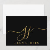 Elegant Script Monogram Initiaal Naam Black Gold Notitiekaartje (Voorkant / Achterkant)