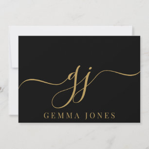 Elegant Script Monogram Initiaal Naam Black Gold Notitiekaartje