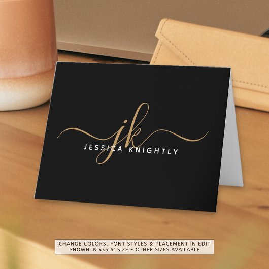 Elegant Script Monogram Initiaal Naam Black Gold Notitiekaartje