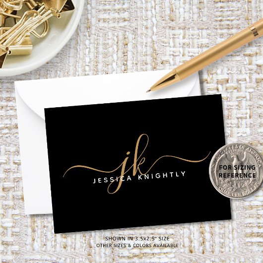 Elegant Script Monogram Initiaal Naam Black Gold Notitiekaartje