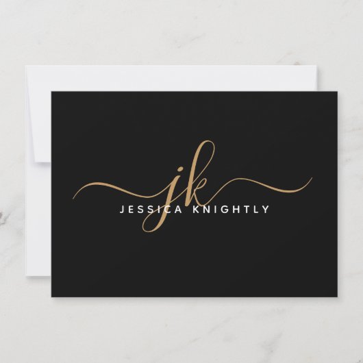 Elegant Script Monogram Initiaal Naam Black Gold Notitiekaartje (Voorkant)