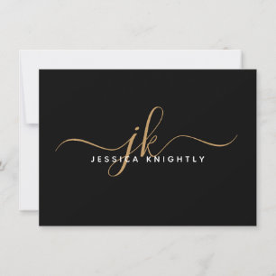 Elegant Script Monogram Initiaal Naam Black Gold Notitiekaartje