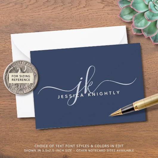 Elegant Script Monogram Initiaal Naam Blauw Notitiekaartje