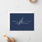 Elegant Script Monogram Initiaal Naam Navy Blue Notitiekaartje (Voorkant / Achterkant in situ)