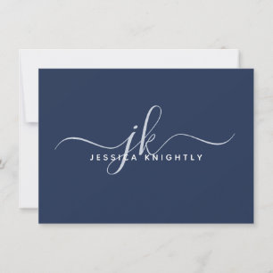 Elegant Script Monogram Initiaal Naam Navy Blue Notitiekaartje