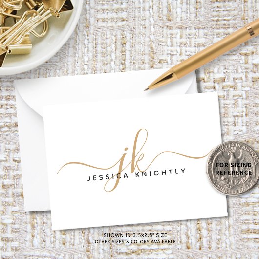 Elegant Script Monogram Initialen Naam Goud Zwart Notitiekaartje