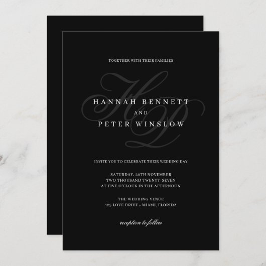 Elegant Script Monogram Initialen Zwart Trouwen Kaart (Voorkant / Achterkant)