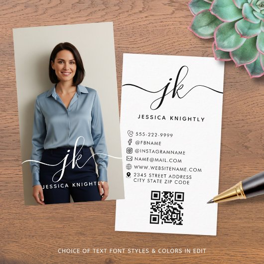 Elegant Script Monogram Logo Foto QR-code Visitekaartje