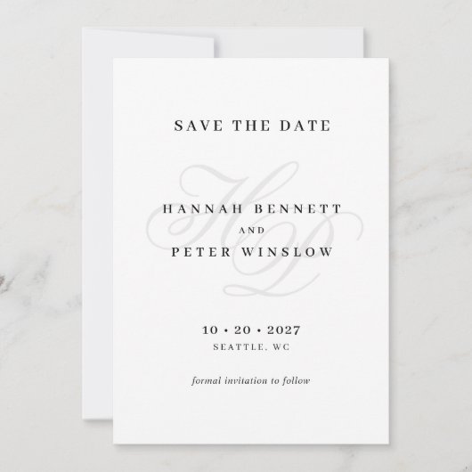 Elegant Script Monogram Minimaal Wit Bruiloft Save The Date (Voorkant)