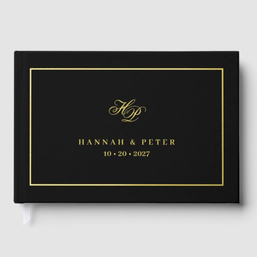 Elegant Script Monogram Minimaal Zwart Bruiloft Gastenboek (Voorkant)