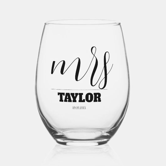 Elegant script Monogram Mrs Wedding Wijnglas Zonder Voet (Voorkant)