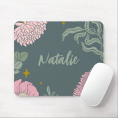Elegant script monogram olijfgroen roze floral muismat (Met muis)